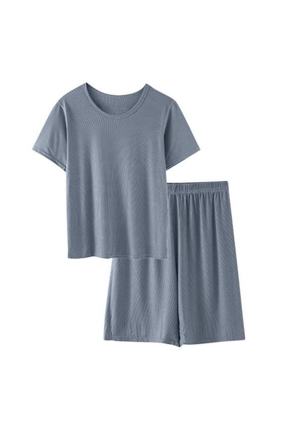 Plus Size Men's Pajama Set, Solid Color Crew Neck Short Sleeve Top Elastic Waist Bermuda Shorts Two Piece Set, Summer Casual Home Pajamas