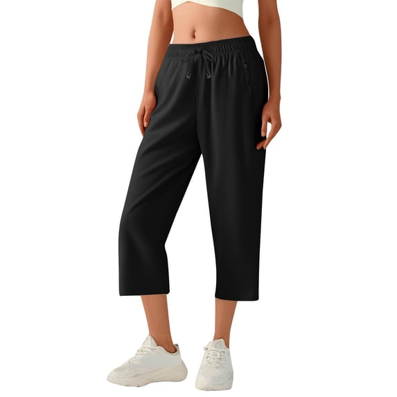 WQQZJJ Plus Size Women's Capri Pants, Solid Color Casual Straight Leg Pants, Drawstring Elastic Waist Comfortable Outdoor Workout 7/10 Pants
