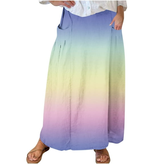 WQQZJJ Plus Size Women's Skirt, Gradient Color Fashion Long Skirt Clothing, Summer Stretch Pleated Pocket Beach Skirts