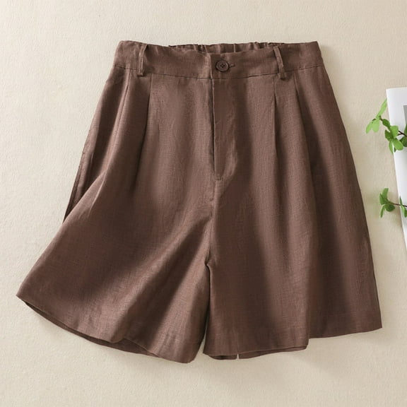 WQQZJJ Shorts for Women's,Cotton Linen Shorts Solid Color Casual Loose Pocket Button Straight Shorts