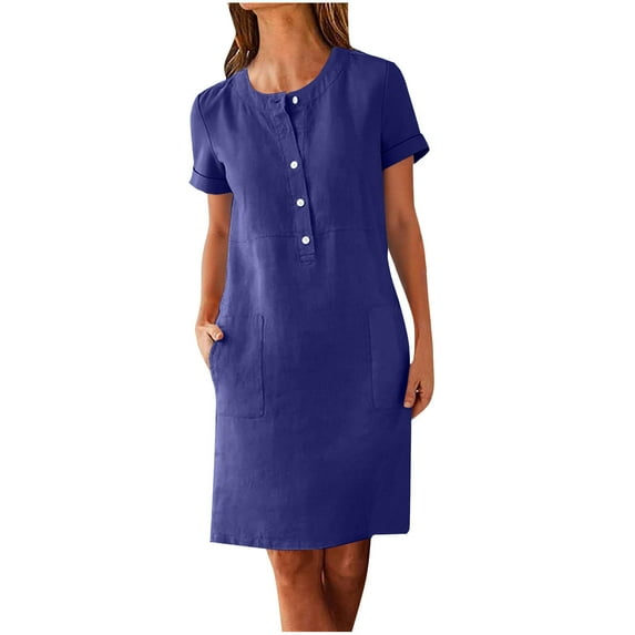 WQQZJJ Summer Casual Dress,Women's Solid Color Button Crew Neck Dress,Linen Loose Pocket Knee Length Dress,Short Sleeve Dresses