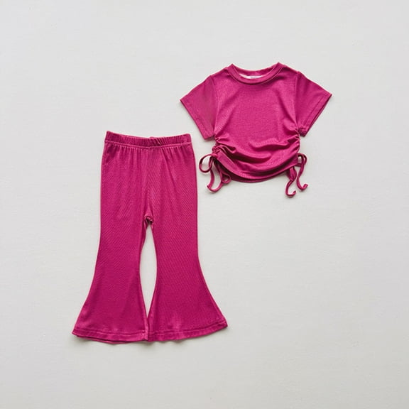 WQQZJJ Summer Casual Girls Clothing, Solid Color Cotton Comfortable Set, Crew Neck Tie Short Sleeve T-Shirt   Flared Pants Fashion Two Piece Set