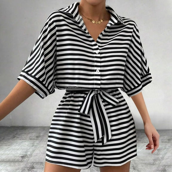 WQQZJJ Summer Jumpsuits Clearance Women's Striped Fashion One-piece Shorts Lapel Cardigan Button Mid Sleeve Belted One-piece Shorts