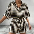 thumbnail image 1 of WQQZJJ Summer Jumpsuits Clearance Women's Striped Fashion One-piece Shorts Lapel Cardigan Button Mid Sleeve Belted One-piece Shorts, 1 of 4