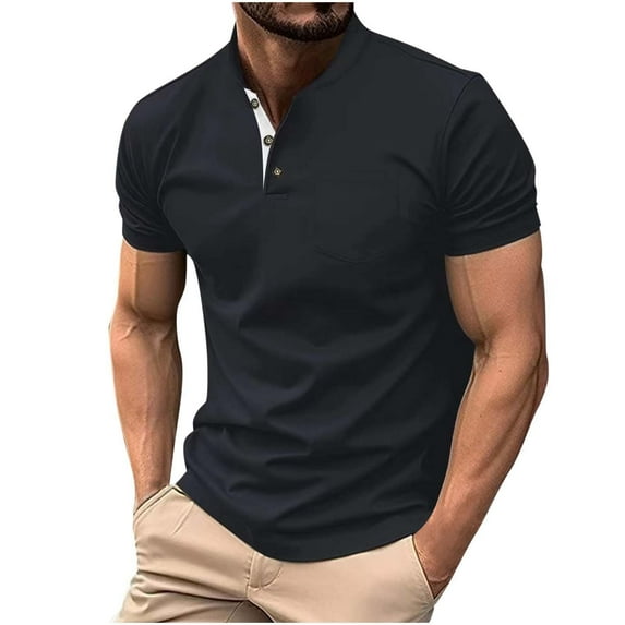 WQQZJJ Summer Men's Henley Shirts Solid Color Button Standing Collar Tops Casual With Pocket Short Sleeve Shirt