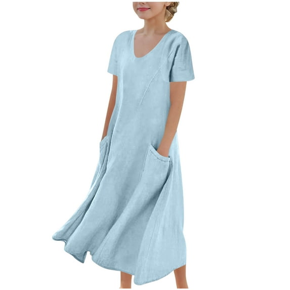 WQQZJJ Tween Girls Linen Dress Summer Casual Solid Color Dress Round Neck Short Sleeve Over the Knee Dress Fashion Pocket Dresses