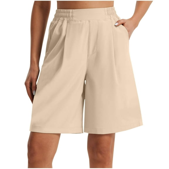 WQQZJJ Women's Bermuda Long Shorts, Solid Color Casual with Pockets Shorts, Summer Stretch Elastic Waist High Waist Shorts