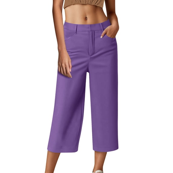 WQQZJJ Women's Capri Dress Pants, Solid Color Casual Straight Leg Pants with Pockets, Summer Button Zipper Stretch Comfort Trousers