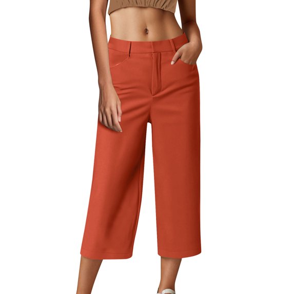 WQQZJJ Women's Capri Dress Pants, Solid Color Casual Straight Leg Pants with Pockets, Summer Button Zipper Stretch Comfort Trousers