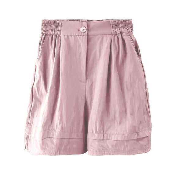 WQQZJJ Women's Cotton Shorts, Solid Color Plus Size Bermuda Shorts with Pockets, Summer Casual Button Elastic Waist Loose Shorts