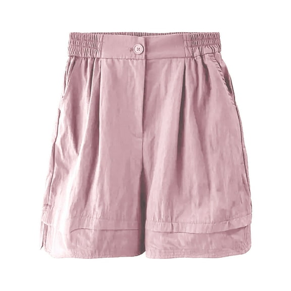 WQQZJJ Women's Cotton Shorts, Solid Color Plus Size Bermuda Shorts with Pockets, Summer Casual Button Elastic Waist Loose Shorts