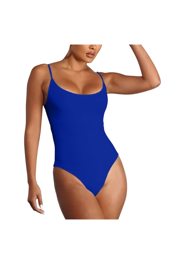 Women's One Piece Swimsuit, Solid Color Sexy U Neck Backless Bikini, Spaghetti Straps Tummy Control Triangle Style Swimming Clothes