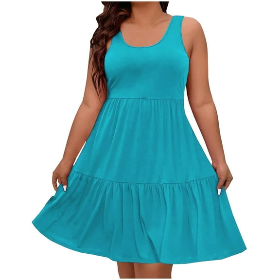 WQQZJJ Women's Plus Size Dresses, Summer Casual Solid Color Crew Neck Dress, Fashionable Pleated Tank Top Sleeveless Dresses