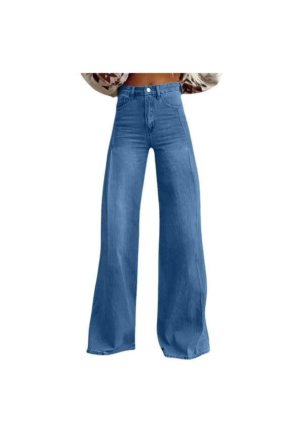 Women's Plus Size Jeans Loose High Waist Bell-Bottom Flared Jeans Solid Casual Wide Leg Trousers Size S-5XL