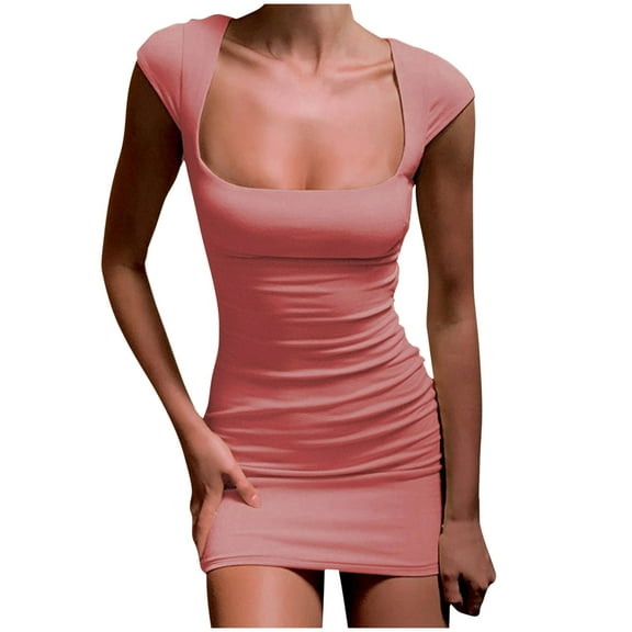 WQQZJJ Women's Sexy Slim Dresses, Solid Color Square Neck Short Dresses Summer Fashion Sleeveless T Shirt Dresses