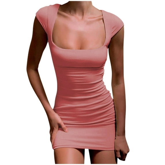 WQQZJJ Women's Sexy Slim Dresses, Solid Color Square Neck Short Dresses Summer Fashion Sleeveless T Shirt Dresses