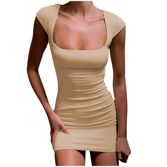 WQQZJJ Women's Sexy Slim Dresses, Solid Color Square Neck Short Dresses Summer Fashion Sleeveless T Shirt Dresses
