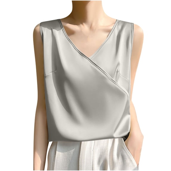 WQQZJJ Women's Sexy Tank Top, Solid Color Satin V-Neck Sleeveless Top, Fashion Pullover Canvas Shirt
