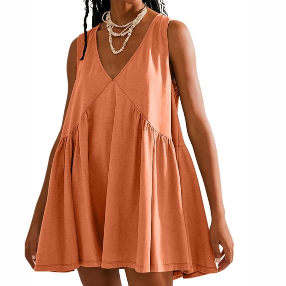 WQQZJJ Women's Sleeveless V-Neck Dress, Solid Color Pleated Loose Dresses Summer Casual Straps Mini Dress