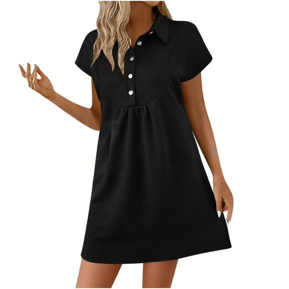 WQQZJJ Women's Summer Casual Dress, Solid Color Lapel Button Batwing Sleeve Short Sleeve Mini Dresses Fashion Outfit Home Clothes