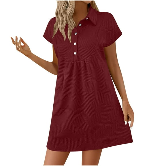 WQQZJJ Women's Summer Casual Dress, Solid Color Lapel Button Batwing Sleeve Short Sleeve Mini Dresses Fashion Outfit Home Clothes