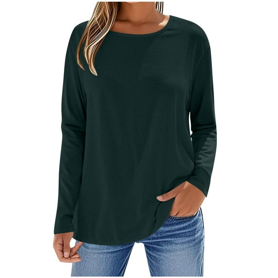WQQZJJ Womens Casual Round Neck T-Shirts Solid Long Sleeve Pullover Tops Solid Crew Neck Loose Blouse Tops S-2XL