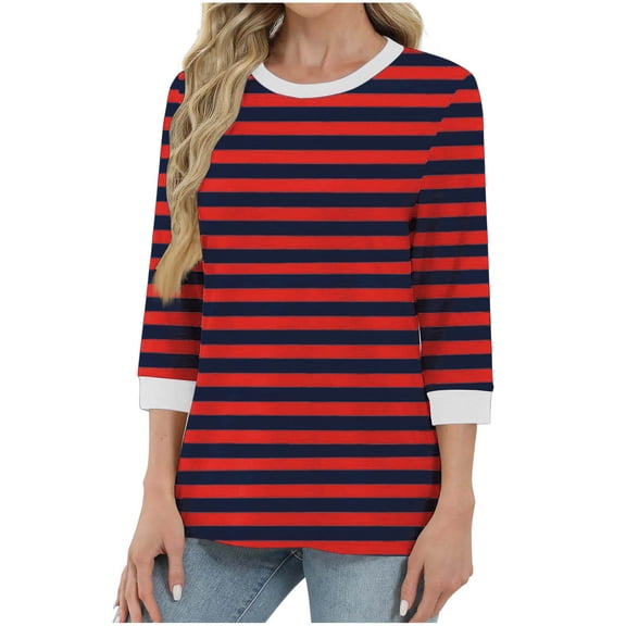 WQQZJJ Womens Casual Tops Round Neck 3/4 Sleeve Comfort Fit Pullover Tops Fashion Printed Stripe Blouse Tops Crew Neck Sailor Tops S-2XL