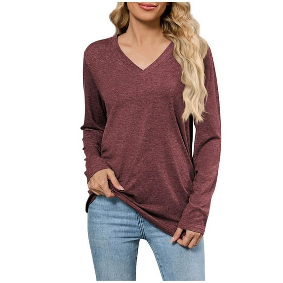 WQQZJJ Womens Casual Tunic Tops Solid V-Neck Long Sleeve Pullover Tops Fashion Trend Side Pleated Comfort Fit Smock Tops S-2XL
