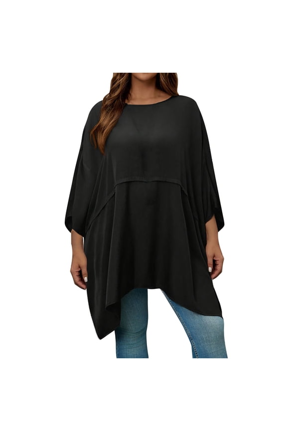 Womens Plus Casual Peplum Tops Oversized Fit Crew Neck Batwing Sleeve Smock Tops Solid Flutter Sleeve Loose Ruffle Tops XL-5XL