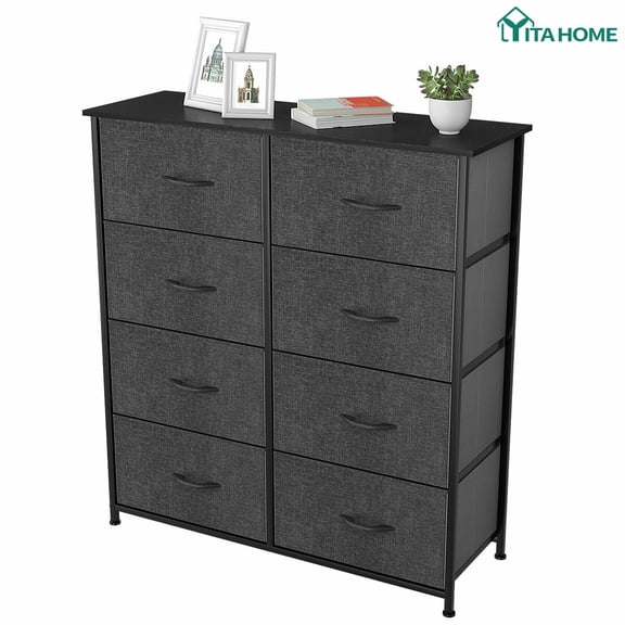WQQi Fabric Dresser Chest 8 Drawer Cabinet Bedroom Storage Organizer Shelf, Material-MDF/Chipboard, Metal, Plastic, Steel, Wood, Wrought Iron, Model-New, Black Gray