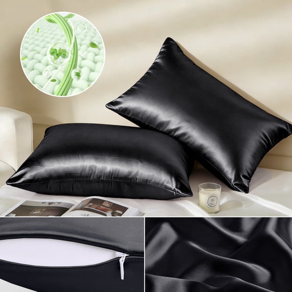 Black Cooling Pillow Cases Set of 2 Derived from Bamboo, Ultra Soft and Silky Satin Pillowcase with Zipper, Standard Size Pillow Cover for Hot Sleepers, Hair & Skin Friendly