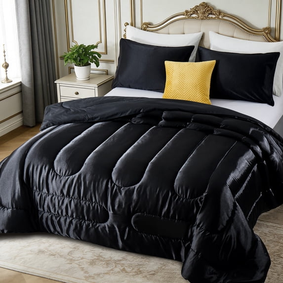 Cooling Satin Cooling Comforter 3 Pieces, Lightweight Breathable Black Full Comforter Set for Spring & All Seasons, Silky Soft Satin Comforter for Hair and Skin, Satin Pillowcases Set of 2
