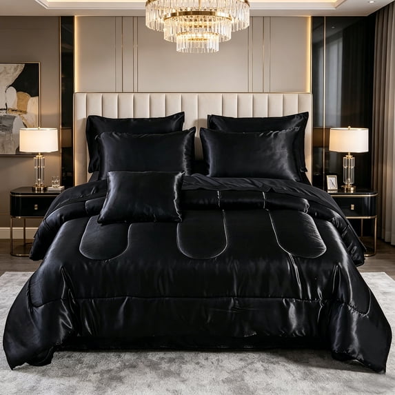 Cooling Satin Cooling Comforter 3 Pieces, Lightweight Breathable Black Full Comforter Set for Spring & All Seasons, Silky Soft Satin Comforter for Hair and Skin, Satin Pillowcases Set of 2