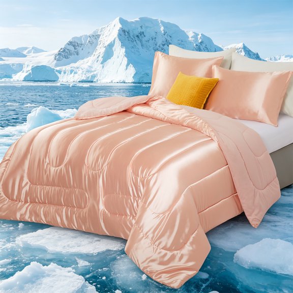Reversible Satin Microfiber Comforter 3 Pieces, Lightweight Breathable Pink King Comforter Set for Spring & All Seasons, Silky Cooling Satin Comforter, Satin Pillowcases Set of 2