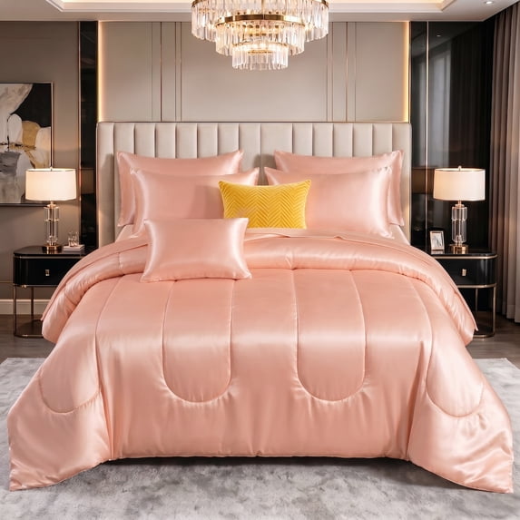 Silky Soft Satin Comforter 3 Pieces, Lightweight Breathable Microfiber Pink Queen Comforter Set for Spring & All Seasons, Cooling Satin Comforter for Hair and Skin, Satin Pillowcases Set of 2