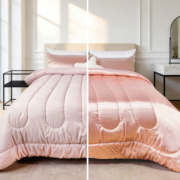 Cooling Satin Microfiber Comforter 3 Pieces, Lightweight Breathable Pink Queen Comforter Set for Spring & All Seasons, Silky Soft Satin Comforter for Hair and Skin, Satin Pillowcases Set of 2