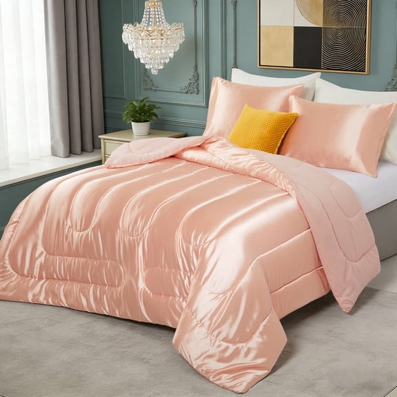 Silky Soft Satin Comforter 3 Pieces, Lightweight Breathable Microfiber Pink Queen Comforter Set for Spring & All Seasons, Cooling Satin Comforter for Hair and Skin, Satin Pillowcases Set of 2