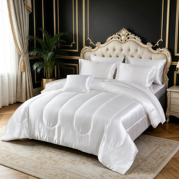 Reversible Satin Microfiber Comforter 3 Pieces, Lightweight Breathable White Queen Comforter Set for Spring & All Seasons, Silky Soft Satin Comforter for Hair and Skin, Satin Pillowcases Set of 2