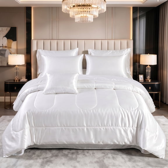 Reversible Satin Microfiber Comforter 3 Pieces, Lightweight Breathable White King Comforter Set for Spring & All Seasons, Silky Soft Satin Comforter for Hair and Skin, Satin Pillowcases Set of 2