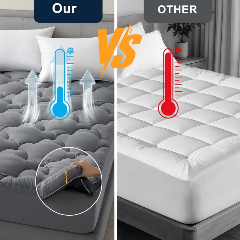 Cooling and Breathable Queen Size Mattress Topper, Extra Thick Pillow Top Airflow Pad & Mattress Protector Queen for Back Pain Relief, Breathable Bed Topper Queen Grey Deep Pocket Cover