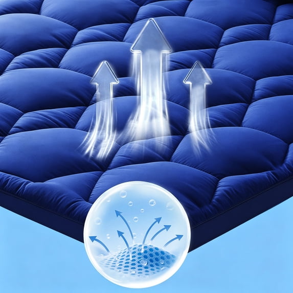 Queen Size Breathable and Cooling Mattress Topper, Blue Extra Thick Pillow Top Airflow Pad & Mattress Protector Queen for Back Pain Relief, Breathable Bed Topper Queen Deep Pocket Cover