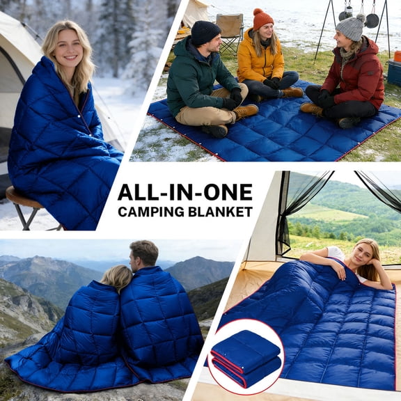 Ultra-Packable Blue Camping Blanket Sleeping Bag Hybrid 79"x55" Waterproof Outdoor Quilt with Compression Sack, Lightweight Travel Blanket for Hiking, Stadium, Backpacking, All Season Tent Camping