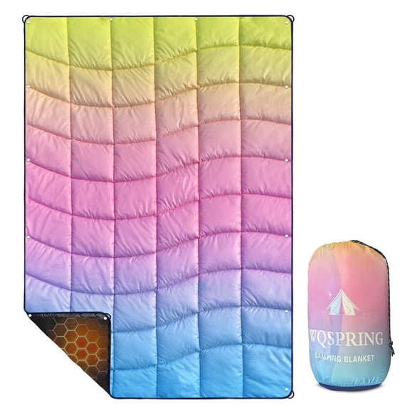 WQSPRING Outdoor Waterproof Blanket - 79"x55" Packable Lightweight Colourful Camping Quilt with Snaps, Travel & Stadium Blanket for Hiking, Backpacking, Picnic, Down Alternative Puffy Blanket