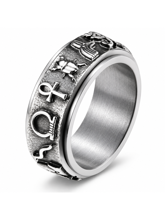 Men's Egyptian Symbol Spinner Ring, Stainless Steel 8mm Rotating Band, Sizes 6-12, Ankh and Scarab Detail, for Concerts, Parties and Casual Outings, Birthday Gift for Him