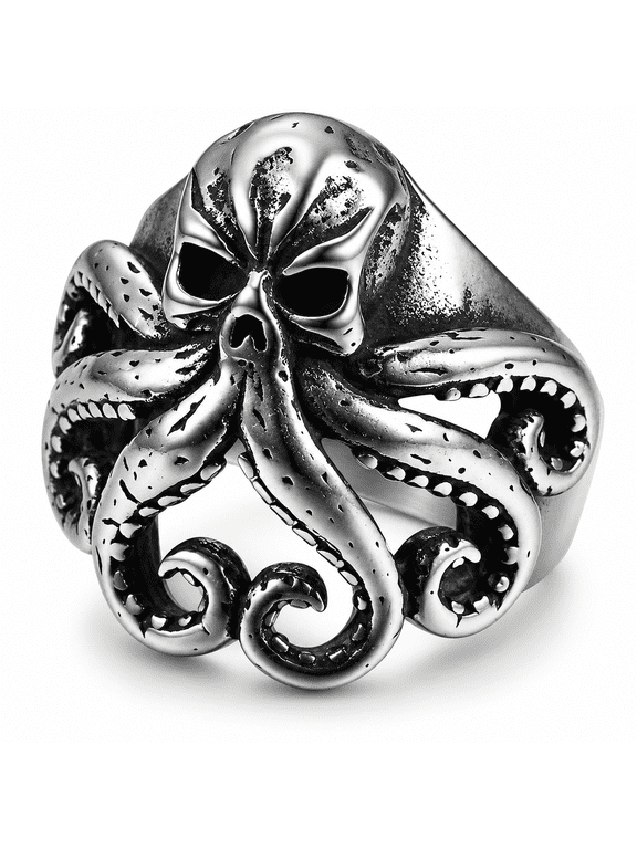 Men's Skull Octopus Ring, Stainless Steel Sculpted Tentacle Statement Ring, Sizes 7-15, for Concerts, Parties and Everyday Wear, Birthday Gift for Him