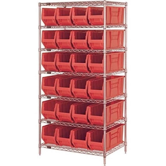 WR7-951 Chrome wire Shelving with 24 24 in. Hopper Bins, Red - 24 x 36 x 74 in.