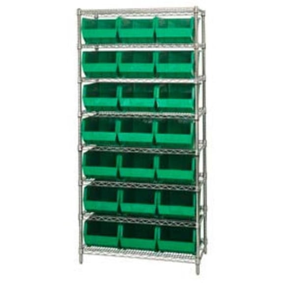 WR8-255 Chrome Wire Shelving with 21 Giant Plastic Stacking Bins, Green - 36 x 18 x 74 in.