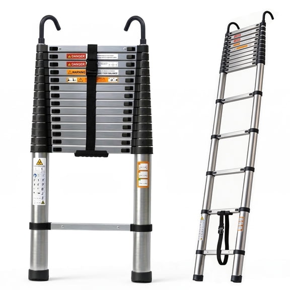 WRAKTOL 15.5 ft Telescoping Ladder, Stainless Steel Extension Ladder with Multiple Locking System and Hooks, 330 lb Capacity