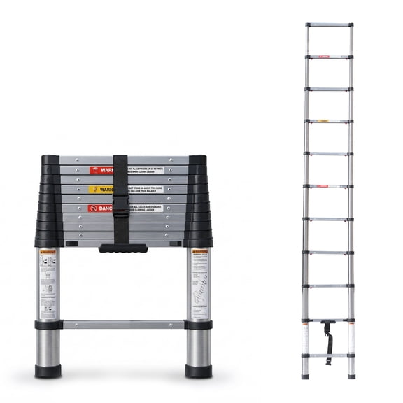 WRAKTOL 10.5 ft Telescoping Ladder, Stainless Steel One-Button Slow Retraction, 330 lbs Capacity