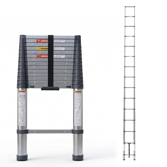 WRAKTOL 15.5 ft Telescoping Ladder, Stainless Steel One-Button Slow Retraction, 330 lbs Capacity, for Attic & RV Access